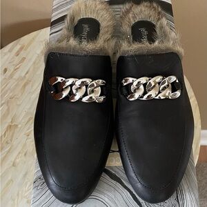 Jeffrey Campbell Black Faux Fur-Lined Chain Slip-On Mules